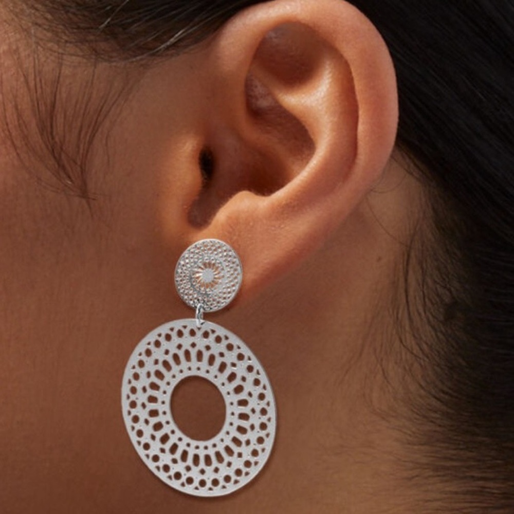 SILVER-TONE FILIGREE DOUBLE DISC 1.5" DROP EARRINGS - Picture 2 of 2